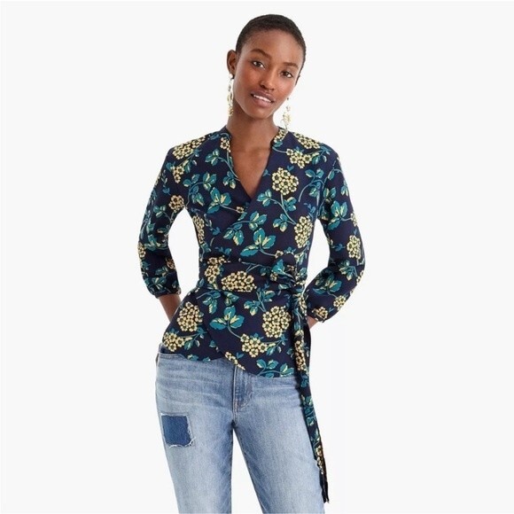 J. Crew Golden Floral Drapey Crepe Wrap Blouse NWT Size Medium - Picture 1 of 15